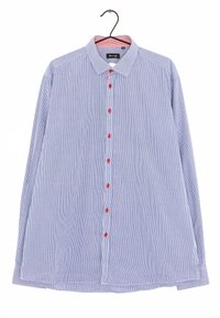 Camicia a quadri blu e bianchi con maniche lunghe, colletto, bottoni rossi e un anello per appenderla. Materiale in cotone, vestibilità rilassata.