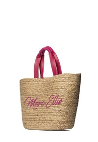 Borsa a tote in paglia intrecciata con manici in pelle rosa e ricamo "Marc Ellis" in filo rosa. Forma quadrata, fibre naturali con finitura testurizzata.