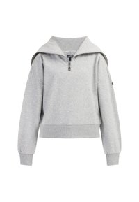 Grijze sweatshirt met een brede capuchon, kwart ritssluiting en verlaagde schouders. Zachte stof met ribgebreide manchetten en onderzoom.