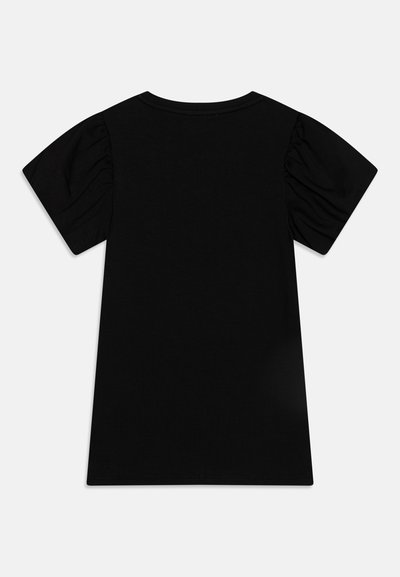 T-shirt nera a maniche corte con maniche a sbuffo, scollatura rotonda e vestibilità ampia. Realizzata in un materiale morbido e liscio, senza motivi.