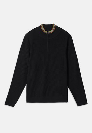 Suéter negro de punto acanalado con cremallera de cuarto y cuello a rayas multicolores. Manga larga y corte relajado. Textura suave.