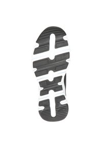 Suola di scarpa in gomma nera con accenti bianchi, dotata di scanalature per una maggiore aderenza e un design elegante e sagomato. Costruzione leggera.
