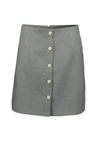 Falda en línea A de lino gris con cierre frontal de botones que presenta seis botones de color claro y bolsillos laterales, textura suave y longitud hasta la rodilla.
