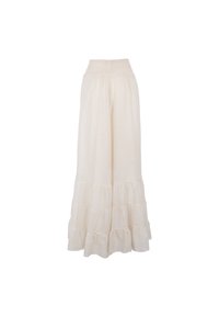 Licht beige gelaagde maxi-rok gemaakt van zachte stof, met een smocktail en geruite details aan de zoom voor extra textuur.