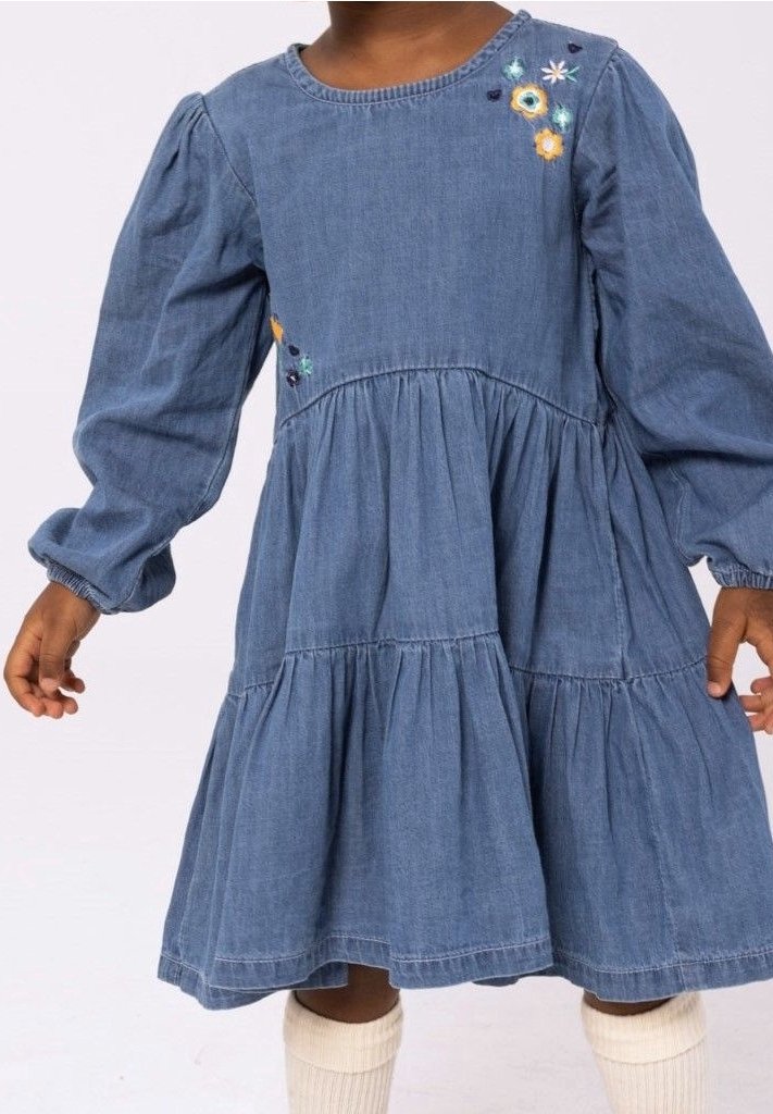 Enfant portant une robe en denim bleu à manches longues avec des volants froncés et une petite broderie florale colorée près de l'encolure.