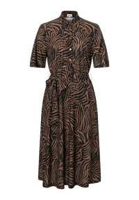 Braun- und schwarzgestrektes Kleid mit einem Hemdblusenkragen, kurzen Ärmeln, tailliertem Gürtel und einem schwingenden Rock. Glatte Stofftextur.