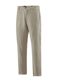 Pantaloni in lino beige con una finitura testurizzata, presentano una chiusura con bottone e passanti per la cintura. Design a gamba dritta con tasche laterali.