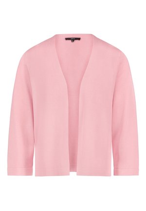 Cardigan rose pâle ouvert sur le devant, à manches longues et ourlet droit, confectionné en tissu maille doux.