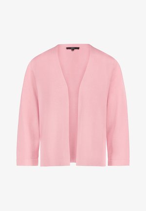 Lichtroze open voorkant vest met lange mouwen en een rechte zoom, gemaakt van zachte gebreide stof.