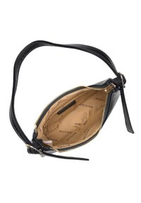 Sac bandoulière en cuir noir avec une texture lisse, fermeture éclair dorée et un intérieur tan avec un motif de logo. Sangle réglable incluse.