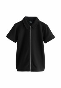 Black short-sleeve polo shirt with a zip front, made of textured material, featuring a classic collar and a solid color design.
