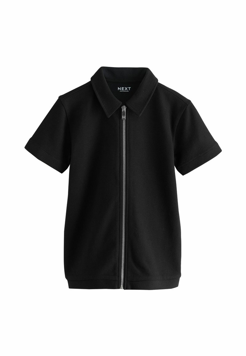 Black short-sleeve polo shirt with a zip front, made of textured material, featuring a classic collar and a solid color design.