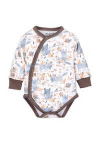 Langärmliger Babybody in Weiß mit einem Muster aus blauen Wölfen und Blättern, mit braunen Abschlüssen und Druckknöpfen entlang der Vorderseite.