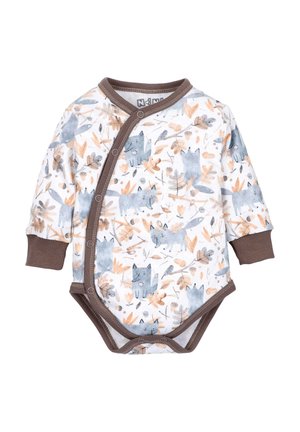 Langärmliger Babybody in Weiß mit einem Muster aus blauen Wölfen und Blättern, mit braunen Abschlüssen und Druckknöpfen entlang der Vorderseite.