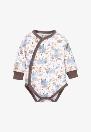 Langärmliger Babybody in Weiß mit einem Muster aus blauen Wölfen und Blättern, mit braunen Abschlüssen und Druckknöpfen entlang der Vorderseite.
