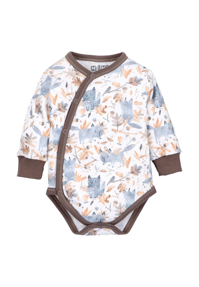 Langärmliger Babybody in Weiß mit einem Muster aus blauen Wölfen und Blättern, mit braunen Abschlüssen und Druckknöpfen entlang der Vorderseite.