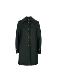 Cappotto di lana verde scuro con collo a revers, sei bottoni sul davanti e dettagli ai polsi delle maniche. Texture liscia, design fino al ginocchio.