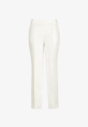 Weiße, maßgeschneiderte, gerade geschnittene Hose mit mittelhohem Bund und gebügelter Frontfalte, geeignet für formelle oder geschäftliche Anlässe.