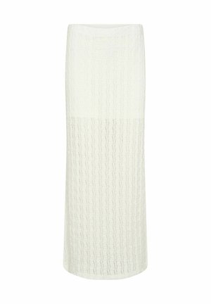 Balta megzta maxi sijonas su tekstūruotu zigzaginiu raštu, tiesios formos ir elastinga juosmeniu. Minkšta, lengva medžiaga, tinkama kasdieniam dėvėjimui.