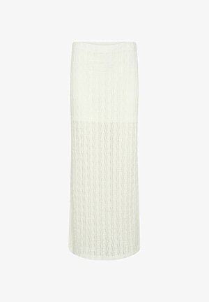 Balta megzta maxi sijonas su tekstūruotu zigzaginiu raštu, tiesios formos ir elastinga juosmeniu. Minkšta, lengva medžiaga, tinkama kasdieniam dėvėjimui.