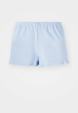 Lysblå bomulds shorts med et struktureret mønster, elastisk talje og blondekanter nederst. Ingen synlige lommer. Baksiden vises.