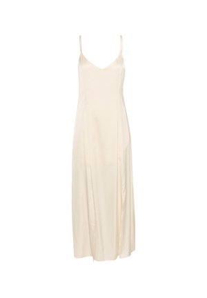 Kremiškos satino naktiniai su plonais spaghetti dirželiais, giliu V formos iškirpimu ir plačiu, iki kulkšnies siekiančiu dizainu. Lygi tekstūra ir minimalūs siūlės.