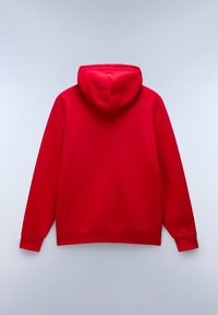 Felpa con cappuccio rosso, maniche lunghe, texture liscia, vestibilità rilassata e tasca kangaroo. Presenta un design semplice senza loghi visibili.