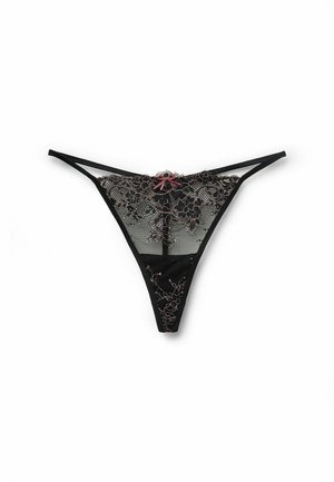 Černé krajkové tanga s květinovou výšivkou a malou růžovou mašlí uprostřed vpředu na bílém pozadí.