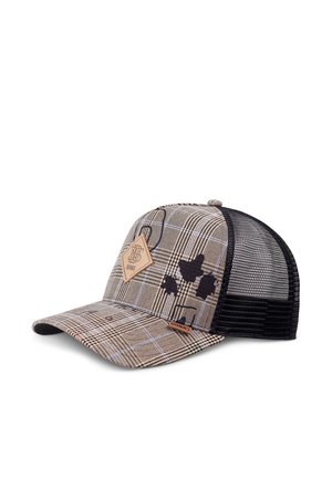 Plaid baseball cap with black mesh back, brown leather logo patch, and abstract dark shapes on the front panel.