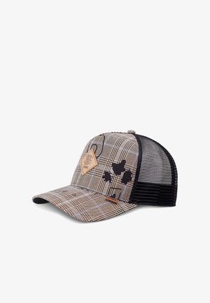 Plaid baseball cap with black mesh back, brown leather logo patch, and abstract dark shapes on the front panel.