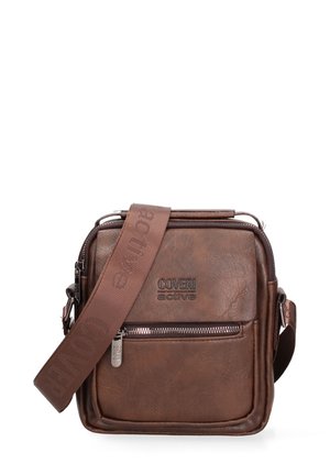 Borsa a tracolla marrone in similpelle con tasca frontale con zip, tracolla in tessuto regolabile con logo "Coveri Active" in rilievo.