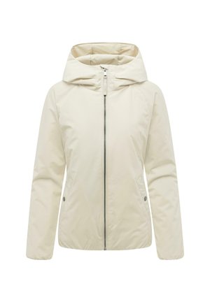 Veste à capuche beige clair avec fermeture éclair devant et poches latérales, manches longues et texture lisse légèrement matelassée.