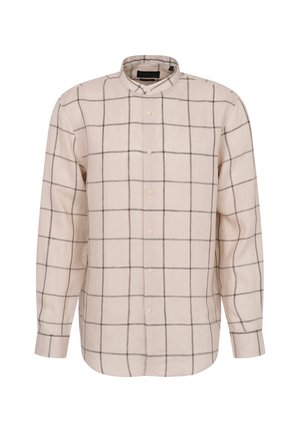 Beige long-sleeve shirt with a stand collar, featuring dark grid lines and front button closure. Made of lightweight fabric with a smooth texture.