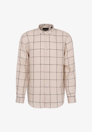 Beige long-sleeve shirt with a stand collar, featuring dark grid lines and front button closure. Made of lightweight fabric with a smooth texture.
