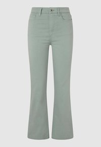 Mint green flared jeans with a high waist, front pockets, and a metal button closure; made from soft, stretchy cotton blend fabric.