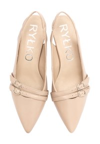 Scarpe slingback in pelle nuda con punta affusolata, caratterizzate da due fibbie regolabili sulla fascia della caviglia e una fodera interna liscia.