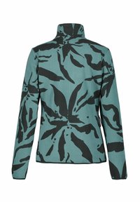 Teal jasje met een zwart bloemenpatroon, hoge kraag, lange mouwen en omgezoomde manchetten, gemaakt van een zachte, gestructureerde stof.