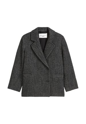 Double-breasted black and white herringbone blazer with a notched lapel, two front pockets, and black buttons. Textured wool blend fabric.