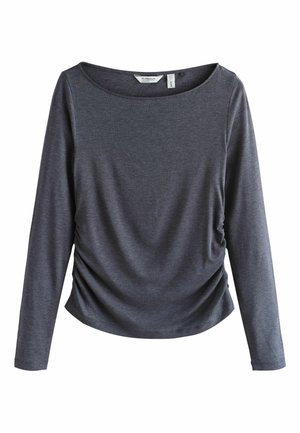 Dark grey long-sleeve top made of soft fabric, featuring a wide neckline and gathered detailing at the sides for a relaxed fit.