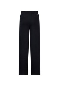 Schwarze, weit geschnittene Hose aus weichem Stoff, mit einem elastischen Taillenbund und zwei Gesäßtaschen für zusätzliche Funktionalität. Glatte Textur, keine Muster.