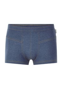 Blaue Baumwollboxershorts mit gelben Nähten, die eng anliegen, kurze Beine haben und einen unterstützenden Frontbeutel bieten. Keine sichtbaren Logos oder Muster.