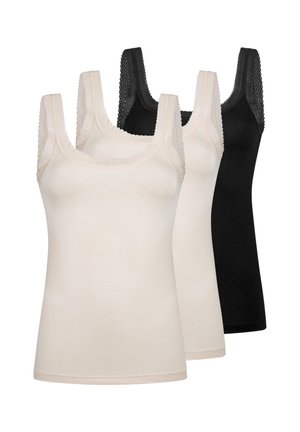 Trois hauts sans manches pour femmes avec bordure en dentelle sur les bretelles, deux beiges à l'avant et au milieu, un noir à l'arrière, disposés en rangée.