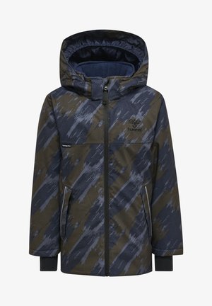 Hooded jacket in dark navy and olive green textured fabric, featuring diagonal stripe patterns, zip front, and logo at the chest.