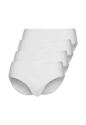 Vier schlichte weiße Damen-Slips im Brief-Stil, gestapelt in einer versetzten Anordnung auf weißem Hintergrund.