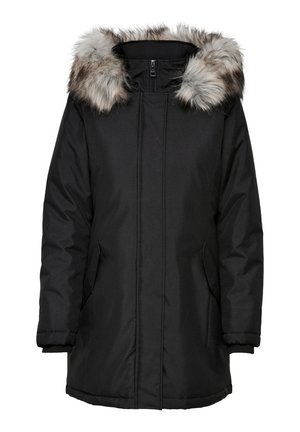 Parka d'hiver noir isolé avec une fermeture éclair avant complète et un col à capuche en fausse fourrure détachable gris et marron.