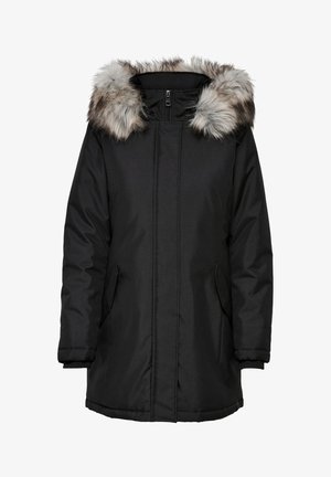 Black insulated winter parka with a full front zipper and a detachable gray and brown faux fur hood trim.