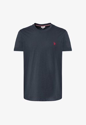 T-shirt in cotone blu navy con maniche corte, collo rotondo e un piccolo logo rosso sul petto. Texture liscia, design casual.