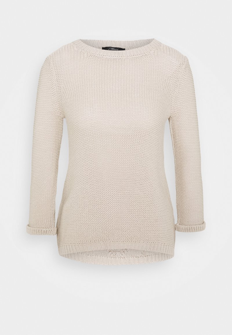 Pull beige en tricot à manches longues, col rond, avec poignets et ourlet côtelés, présenté sur un fond blanc uni.