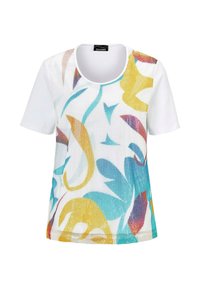 Kurzärmliges Oberteil mit weißem Grund und bunten abstrakten Mustern in Gelb, Blau und Lila. Rundhals und strukturierter Stoff.