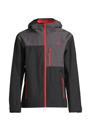 Musta ja harmaa vedenpitävä takki hupulla, jossa on punaiset vetoketjut, rintatasku ja erottuva paneelimuotoilu yläosassa.